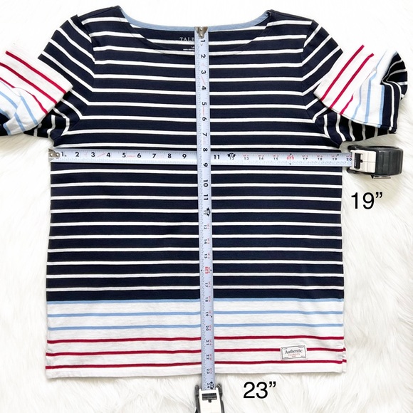 Talbots Nautical 3/4 Sleeve Boatneck Tee, Navy Blue Red White Striped , Petite - Picture 10 of 10